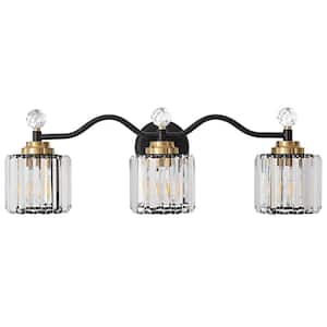 Modern Luxury 26 in. 3-Light Black and Gold Vanity Light with Crystal Shade for Bathroom