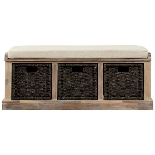 Qualler White Washed Rustic Storage Bench with 3-Removable Rattan Basket and Cushion 43.7 in. W x 15.7 in. D x 17 in. H