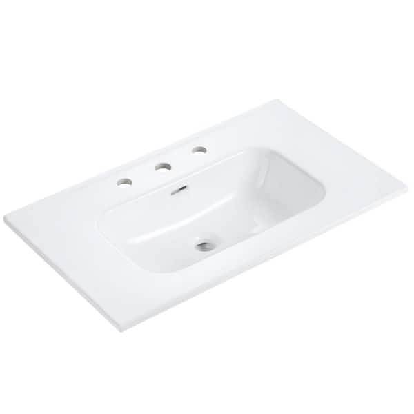 30 in. 18 in. Drop-In Bathroom Sink in Gloss White Ceramic with Three Pre-Drilled Faucet Holes