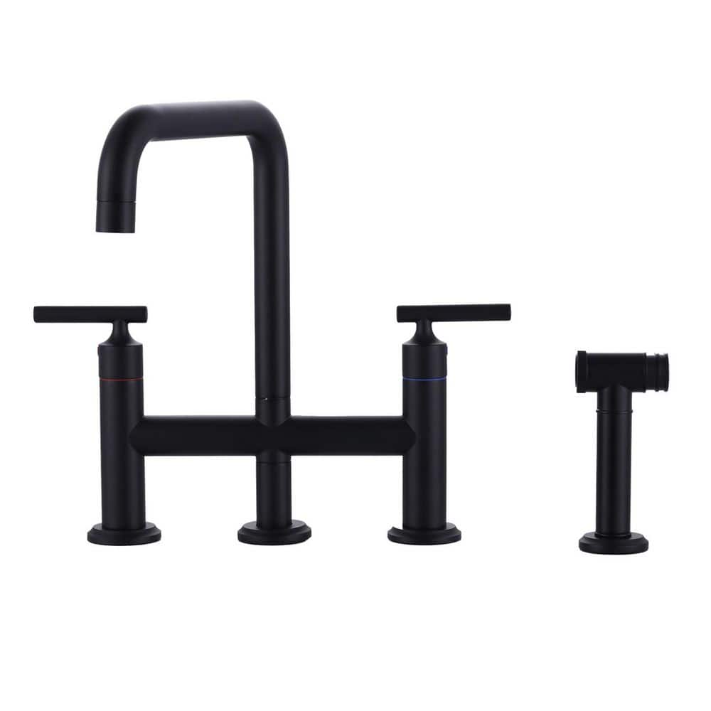 Double Handle Deck Mount Bridge Kitchen Faucet with Side Sprayer in Matte Black