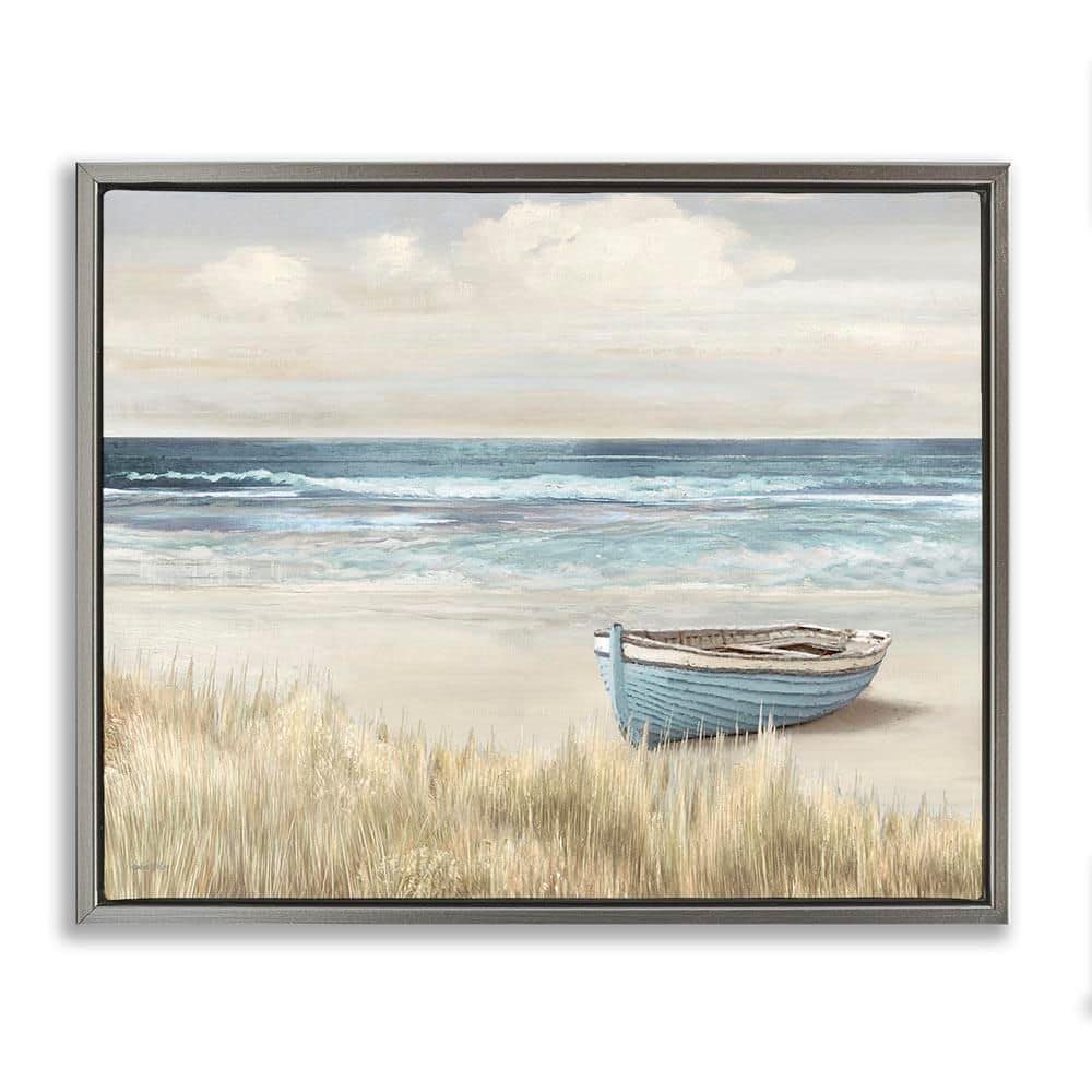 Boat on Grassy Shore by Amber Sterling Gray Floater Frame Graphic Art Print Nature 21 in. x 17 in. price history on PriceWatchPro