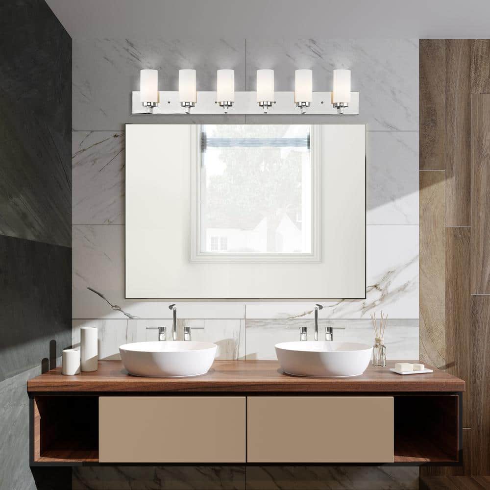 Brushed Nickel 6-Light Steel Vanity with Satin Opal Glass