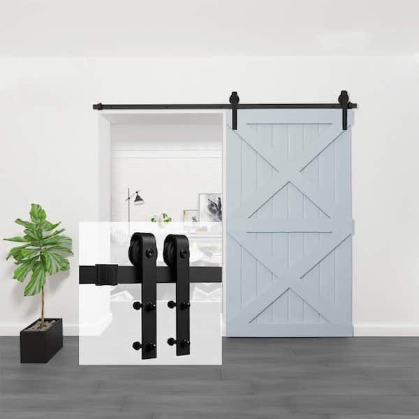 8 ft./96 in. Black Steel Bent Strap Sliding Barn Door Track and Hardware Kit for Single Door with Floor Guide 8 ft./96 in. Black Steel Bent Strap Sliding Barn Door Track and Hardware Kit for Single Door with Floor Guide