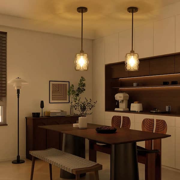 60-Watt 1-Light Black Pendant Light with Open Metal Circle Cage and Clear Glass Shade（Set of 2）