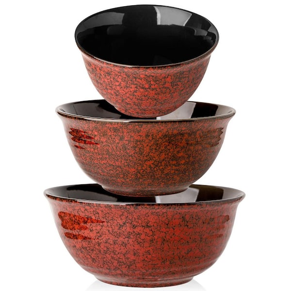 3-Piece Ceramic Mixing Bowl Set Red Stripe Finish Microwave Dishwasher Safe for Baking Salad Fruit Serving