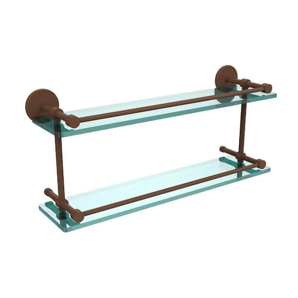 Allied Brass 22 in. L x 8 in. H x 5 in. W 2-Tier Clear Glass Bathroom Shelf with Gallery Rail in Antique Bronze