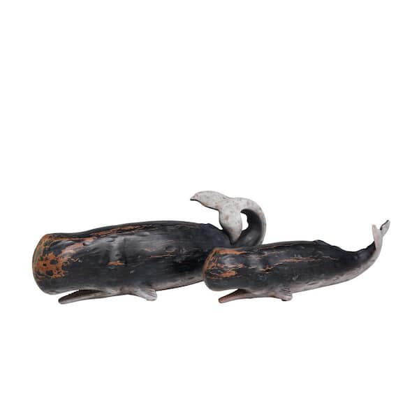 Litton Lane Black Polystone Distressed Whale Sculpture with Brown Wood Inspired Accents (Set of 2)