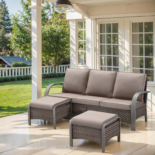3-Piece Brown Wicker Outdoor Couch Patio Conversation Set with Olefin Gray Cushions and Ottomans