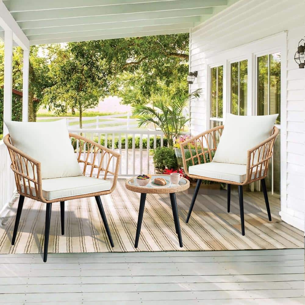 Bohemian 3-Piece Wicker Patio Conversation Set with Beige Cushions price history on PriceWatchPro