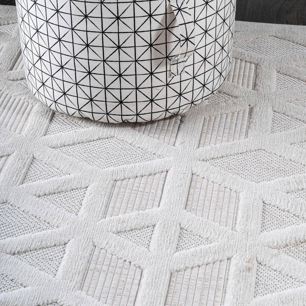 Ivory Geometric Washable Indoor/Outdoor Runner Rug