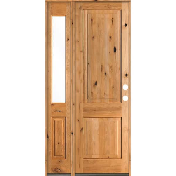 Krosswood Doors 44 in. x 96 in. Rustic knotty alder 2-Panel Sidelite Left-Hand/Inswing Clear Glass Clear Stain Wood Prehung Front Door