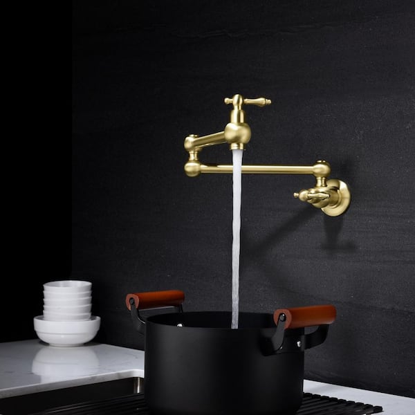 Wall Mounted Pot Filler with Double Handle in Brushed Gold