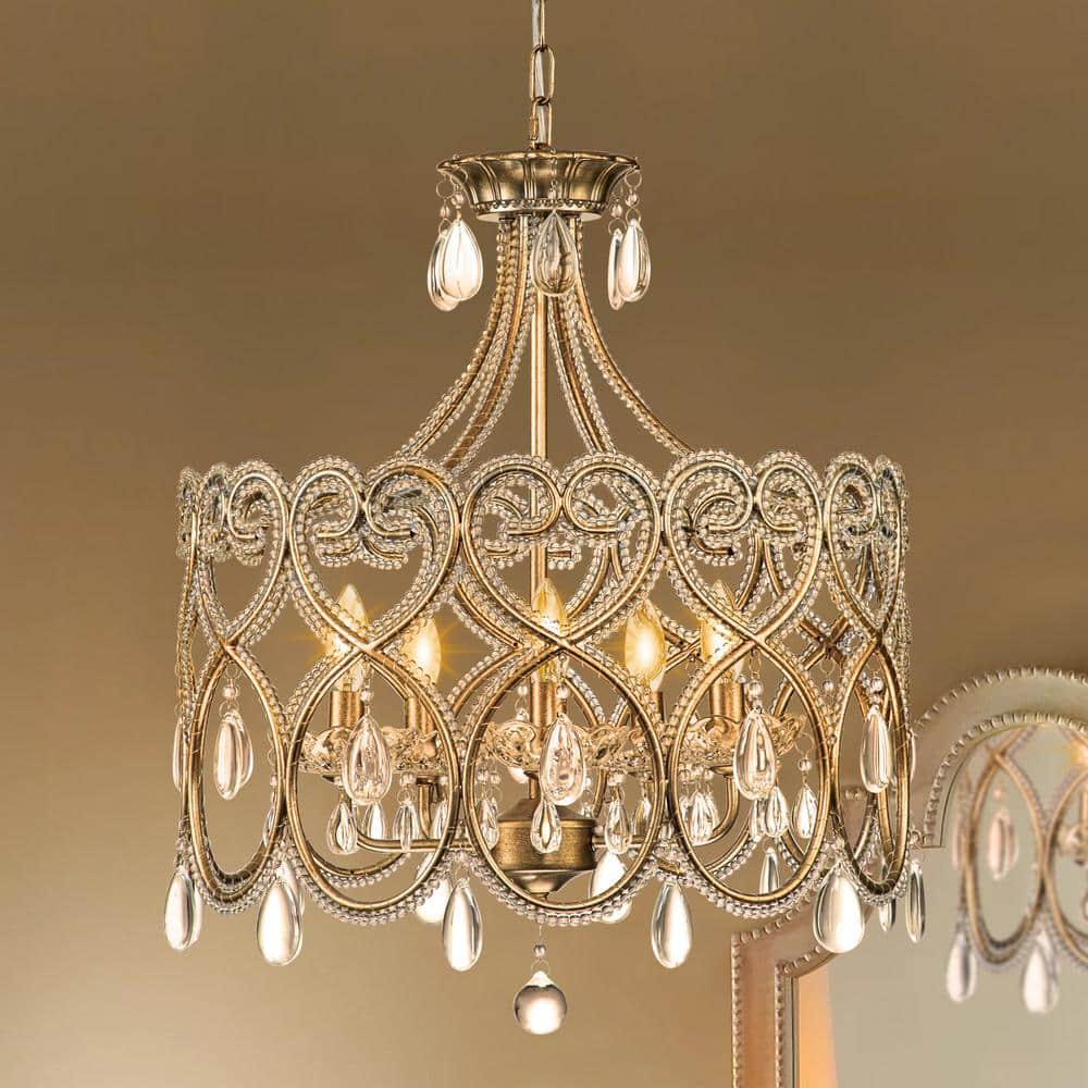 RRTYO Ceolia 5Light Silver Bronze Drum Candle Dining Room Chandelier with Heart Crystal Shade