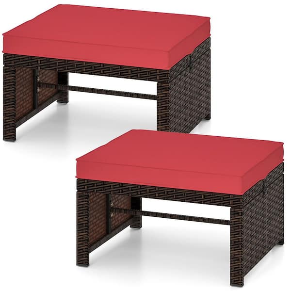 Brown Metal Frame and PE Rattan Outdoor Ottoman Set with Red Zippered Cushion(Set of 2)