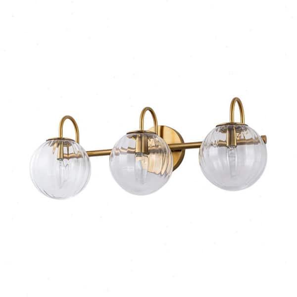 Lucie 22.64 in. 3-Light Brass Bathroom Vanity Light with Clear Ribbed Opal Glass Shades