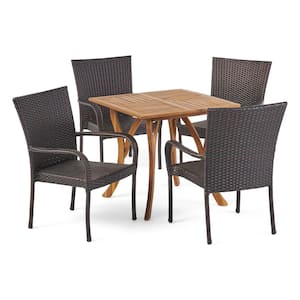 Kace 5-Piece Wood and Faux Rattan Square Outdoor Dining Set with Stacking Chairs