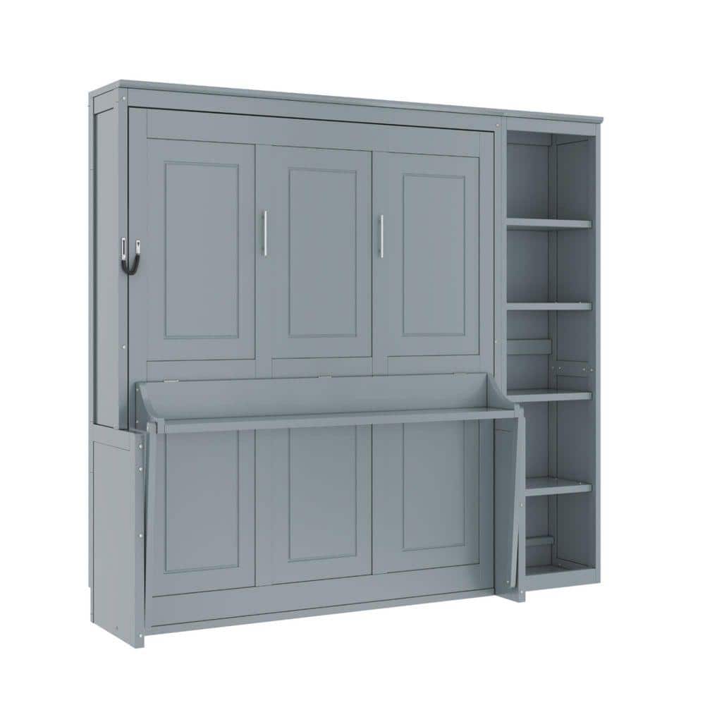 Gray wood frame full size Murphy bed closed with desk extended.