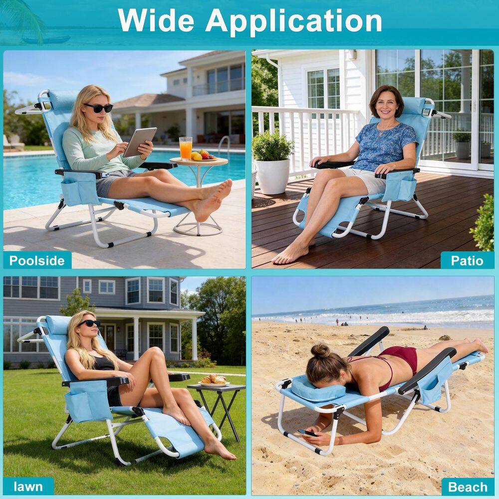 Collage of the tanning chair used in different settings: poolside, patio, lawn, and beach.