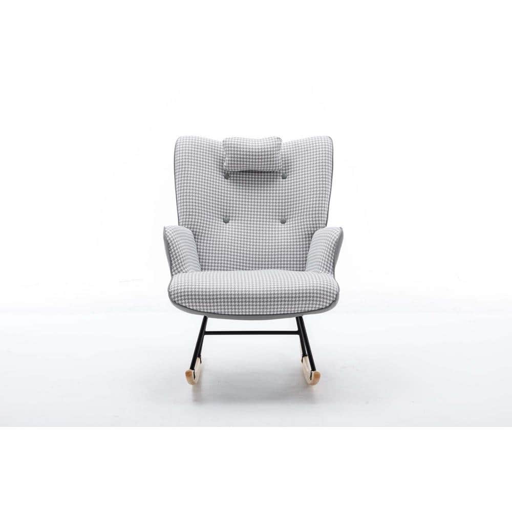 35.5 in. Wood Outdoor Rocking Chair Soft Houndstooth Fabric Leather Fabric Rocking Chair with Light Grey Cushions price history on PriceWatchPro