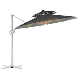 12 ft. Double Top Aluminum Patio Offset Umbrella Cantilever Umbrella, Center light And Strip Lights in Dark Grey