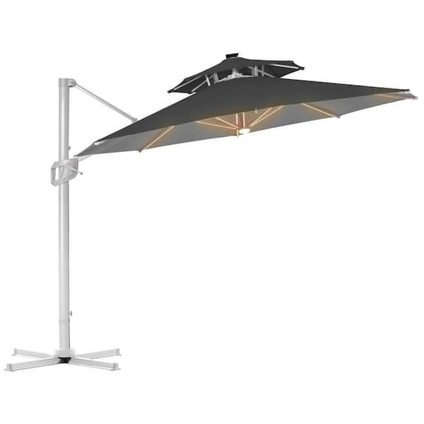 PASAMIC 12 ft. Double Top Aluminum Patio Offset Umbrella Cantilever Umbrella, Center light And Strip Lights in Dark Grey