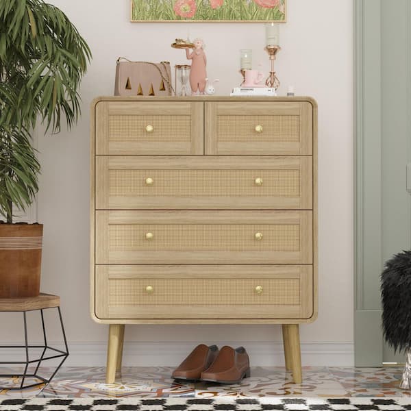 FUFU&GAGA Burly Wood Grain Yellow 5-Drawers 31.5 in. W Dresser, Chest of Drawers with Rattan Weave Drawer Surface without Mirror