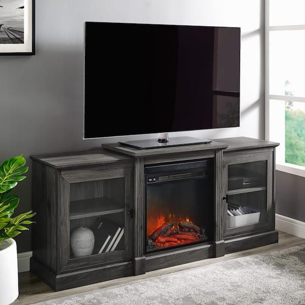 Welwick Designs 60 in. Slate Gray Composite TV Stand Fits TVs Up to 66 in. with Electric Fireplace