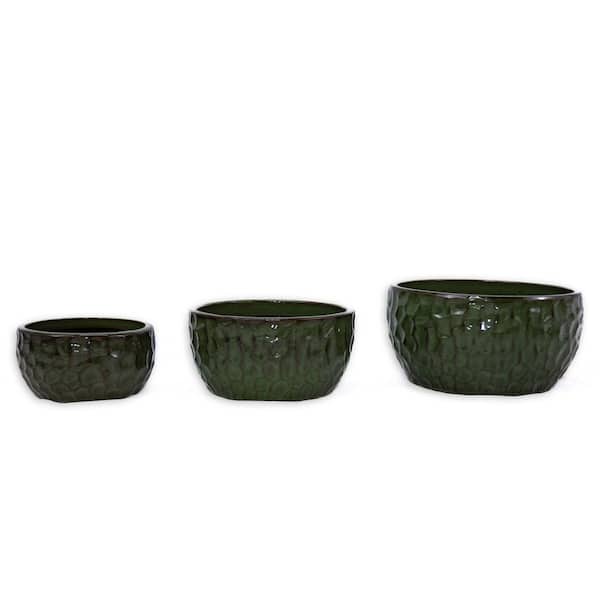 Jason 5.12 in., 6.1 in. and 7.48 in. Tall Antique Green Round Ceramic Patio Outdoor Planter Set (3-Pack)
