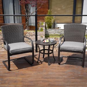 Brown 3-Piece Wicker Round Table Patio Outdoor Dining Bistro Set with Grey Cushion for Balcony, Deck Backyard, Garden