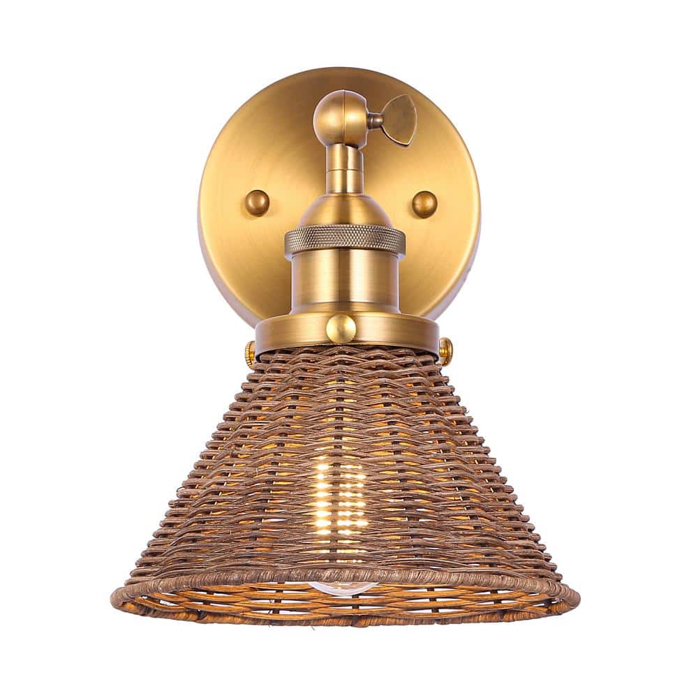 Brass and Rattan Swing Arm Wall Sconce with Woven Shade