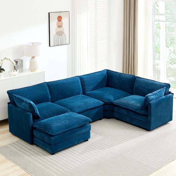 JEAREY 113.4 in. W 5-Piece Modern Corduroy Fabric Sectional Sofa with Ottoman in Navy