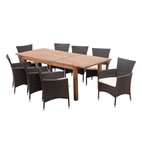 Noble House Oslo Multi-Brown 9-Piece Faux Rattan Outdoor Dining Set with Beige Cushions