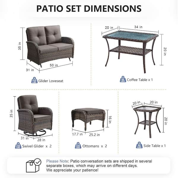 SleekArm 7-Piece Brown Wicker Patio Conversation Set with Olefin Gray Cushion/Glider Loveseat with Patio Swivel Chairs