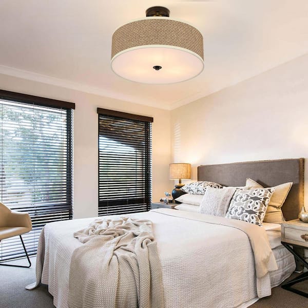 OUKANING 16.9 in. 3-light Brown Modern Rattan Semi-flush Mount
