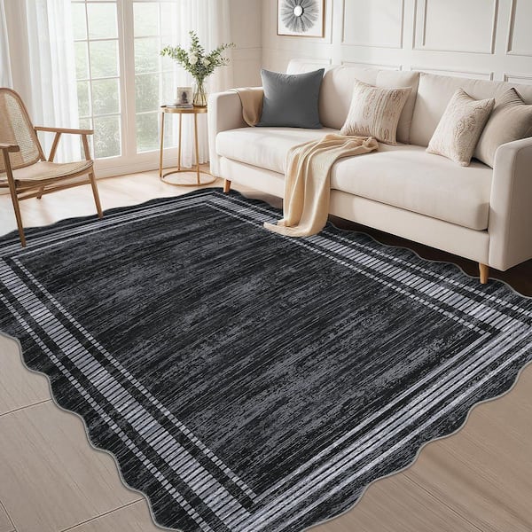 5 X 7 ft. Black Scallop Area Rug, Washable Rug, Non-Slip Low-Pile Solid Rug, for Bedroom, Living Room, Home Office