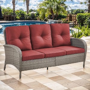 Carlos Gray Wicker Patio Sofa 3-Seater Seactional Outdoor Couch with Thick Deep CushionGuard Red Cushions