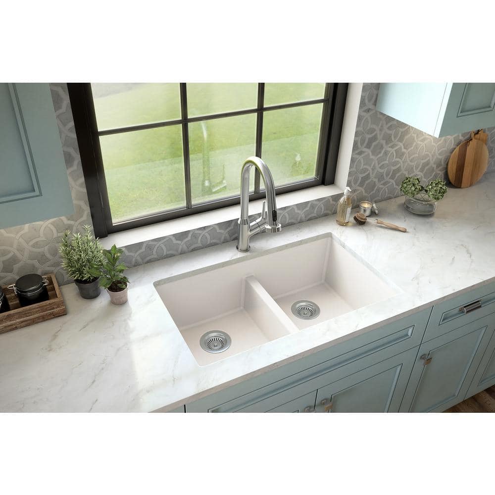 White Quartz Double Bowl Undermount Kitchen Sink, 32"
