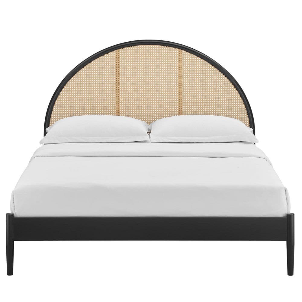 Black Queen Wood Frame Platform Bed with Arched Rattan Cane Headboard
