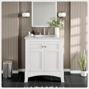 New York 30 in. W x 22 in. D x 34 in. H Bathroom Vanity in White with White Carrara Marble Top with White Sink