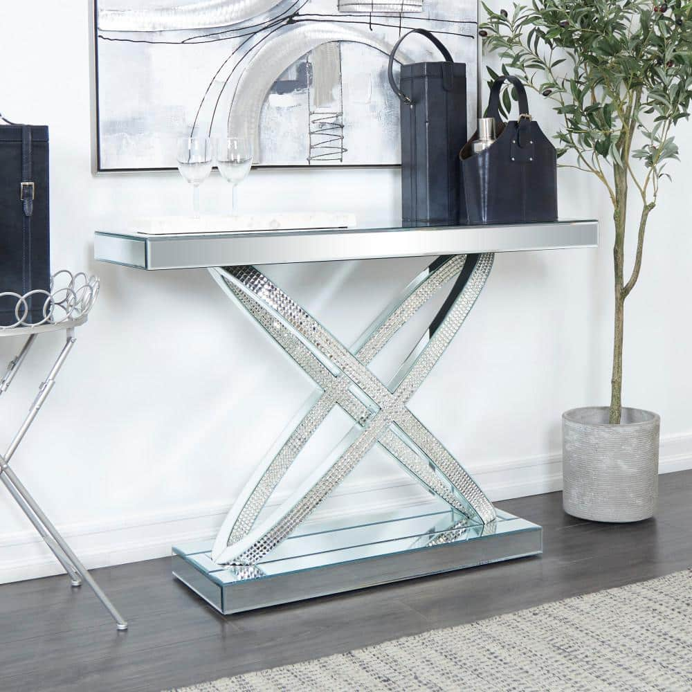 Litton Lane 31.50 in. Silver Extra Large Rectangle Glass X-Shaped Mirrored Geometric Console Table with Crystal Embellishments