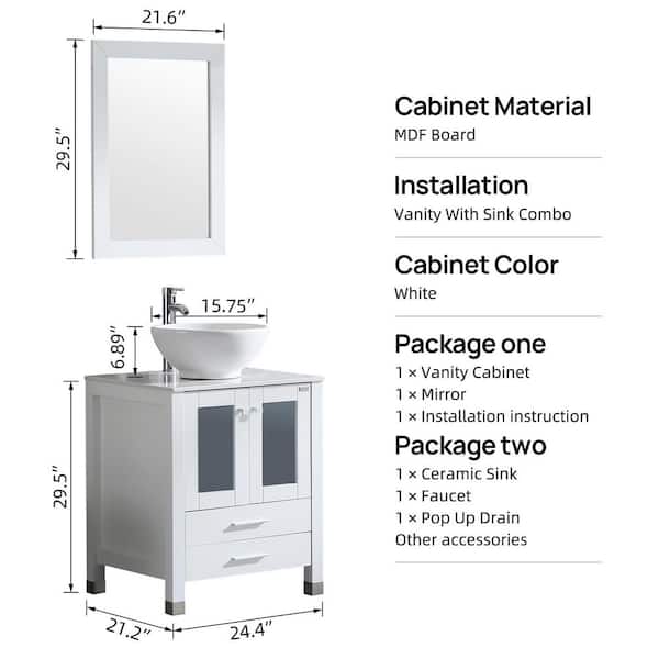 Wonline 24.4 in. W Single Ceramic Sink Freestanding White Bath Vanity with White Engineered Stone Top