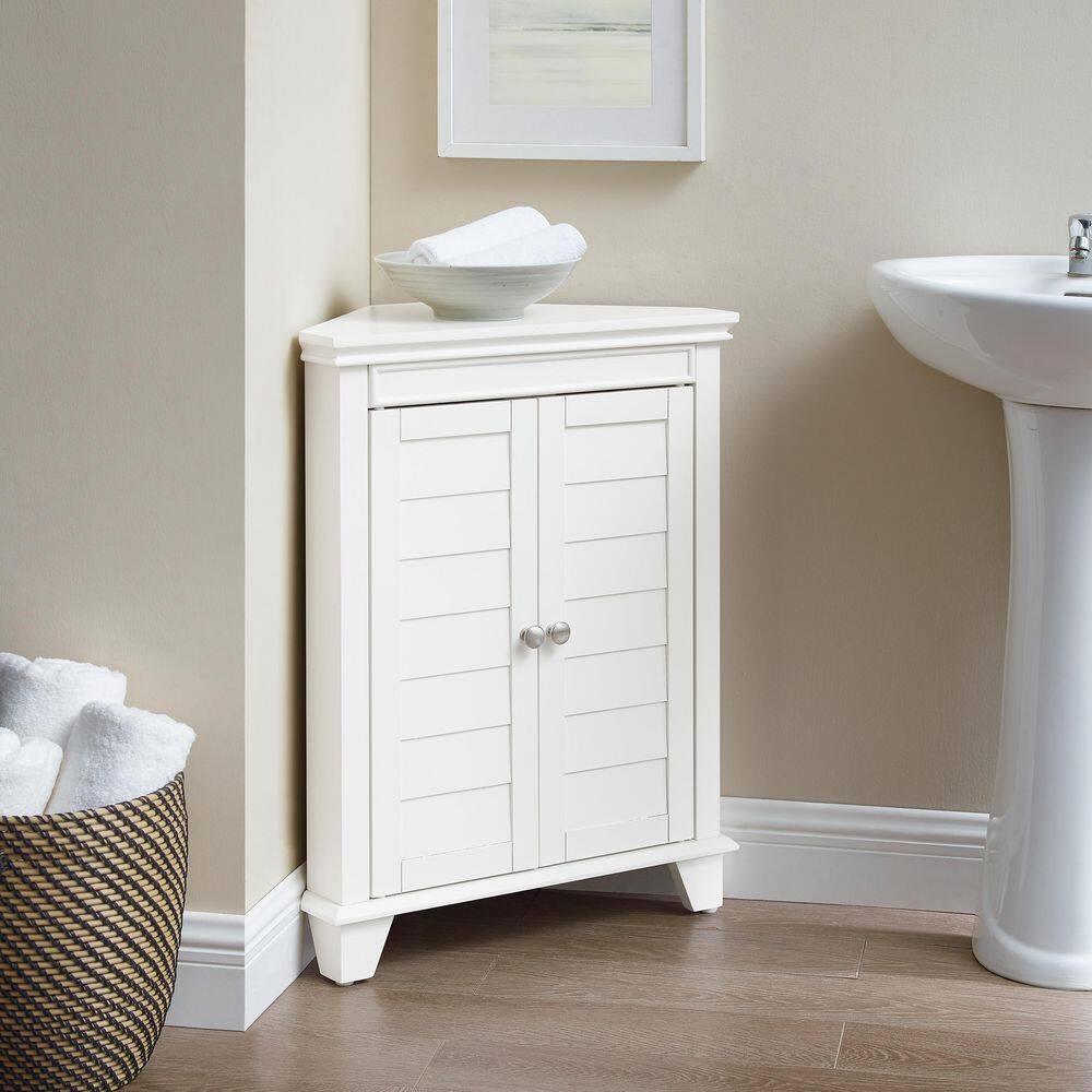 White Wooden Corner Bathroom Cabinet with Adjustable Shelves