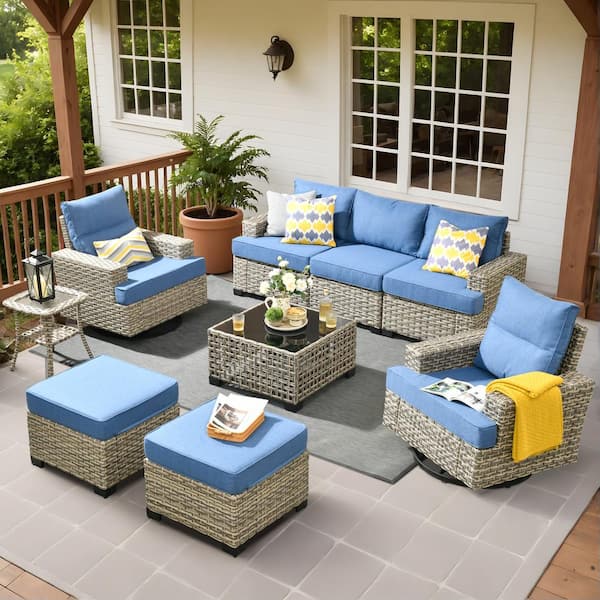 HOOOWOOO Kelleys 9-Piece Wicker Outdoor Patio Conversation Sofa Furniture Set with Swivel Chairs, Tables and Sky Blue Cushions
