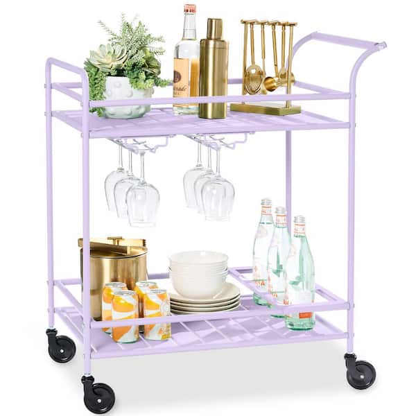2-Tier Lavender Outdoor/Indoor Metal Bar Serving Cart with Storage Shelves and Lockable Wheels