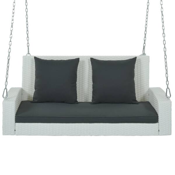 HOTEBIKE 2-Person White Wicker Hanging Porch Swing with Chains, Gray Cushion and Gray Pillows