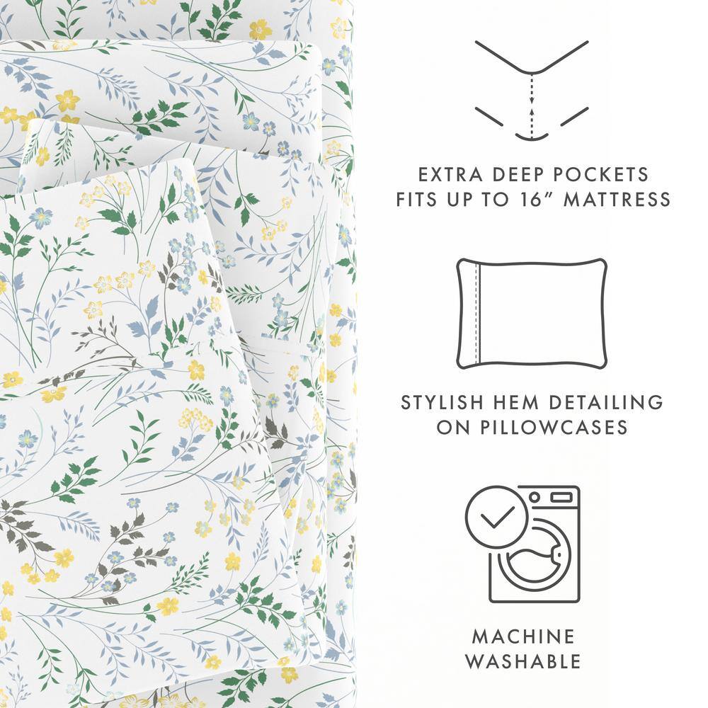 Light Blue Floral Microfiber Full Sheet Set with Deep Pockets