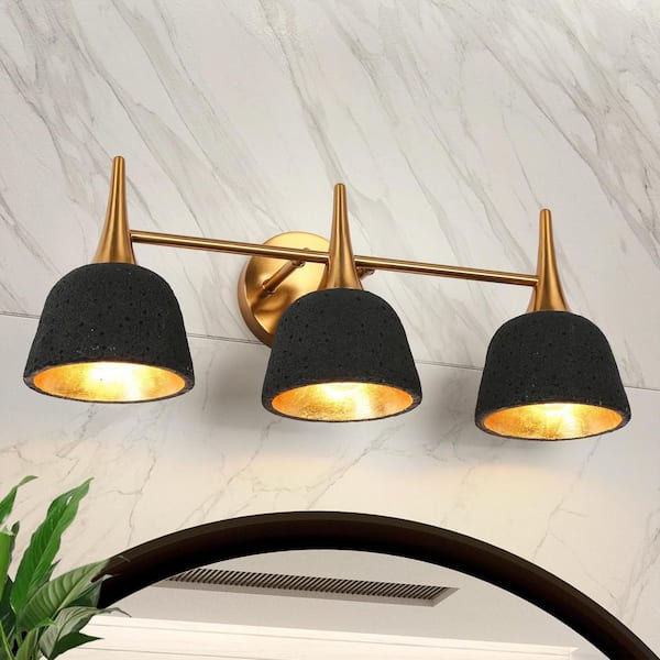 Uolfin Modern Vintage Black and Gold Vanity Light, 22 in. 3-Light Bathroom Industrial Vanity Wall Light with Resin Shade