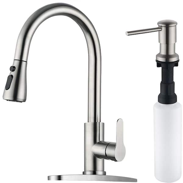 Single Handle Pull Down Sprayer Kitchen Faucet with Soap Dispenser in Brushed Nickel