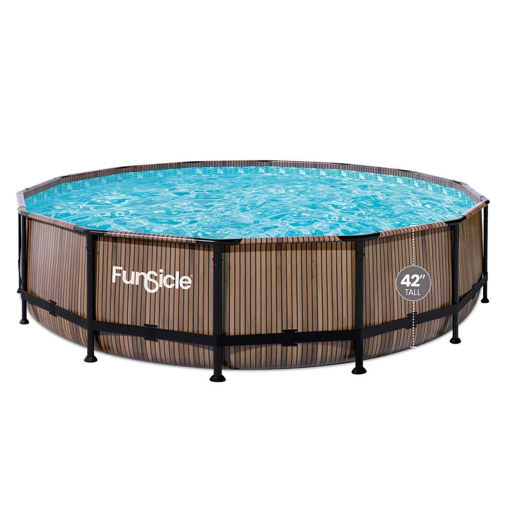 14ft Round Natural Teak Metal Frame Above Ground Pool with Filter Pump