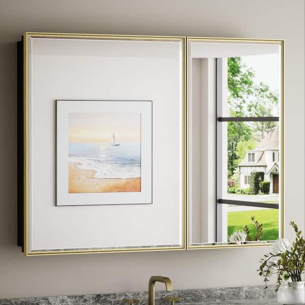 KeonJinn 40 in. W x 30 in. H Rectangular Gold Metal Framed Beveled Surface Mount/Recessed Medicine Cabinet with Mirror